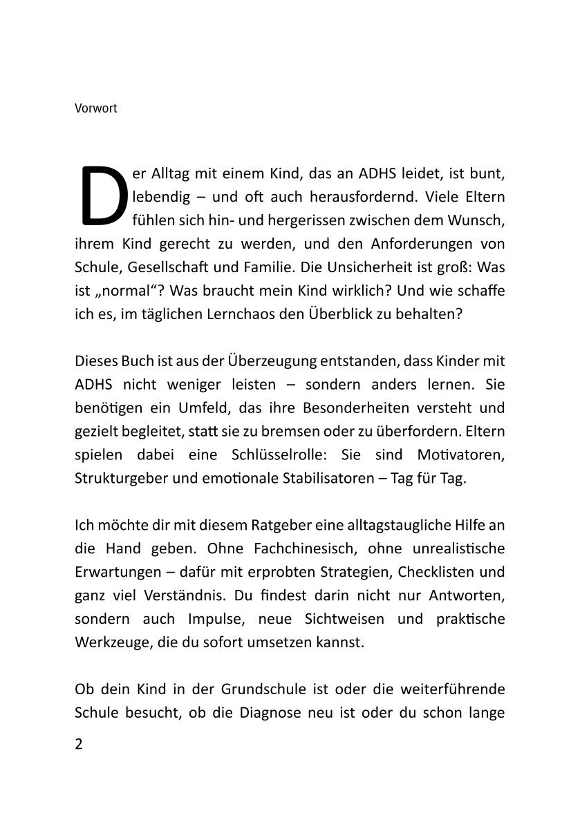 Buchinnenseite mit dem Vorwort aus ADHS Beste Lernhilfe über den Familienalltag mit einem Kind mit ADHS