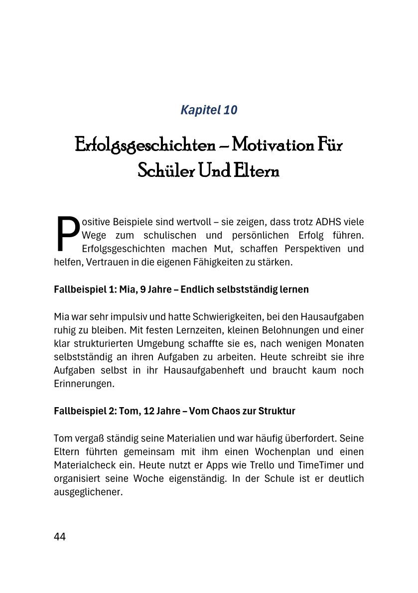 Buchinnenseite mit Erfolgsgeschichten und Fallbeispielen zur Motivation von Schülern und Eltern