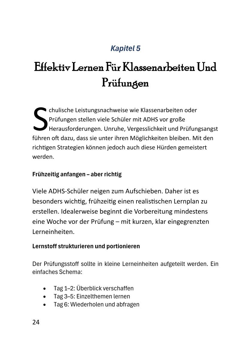 Buchinnenseite mit Lernstrategien für Klassenarbeiten und Prüfungen bei ADHS