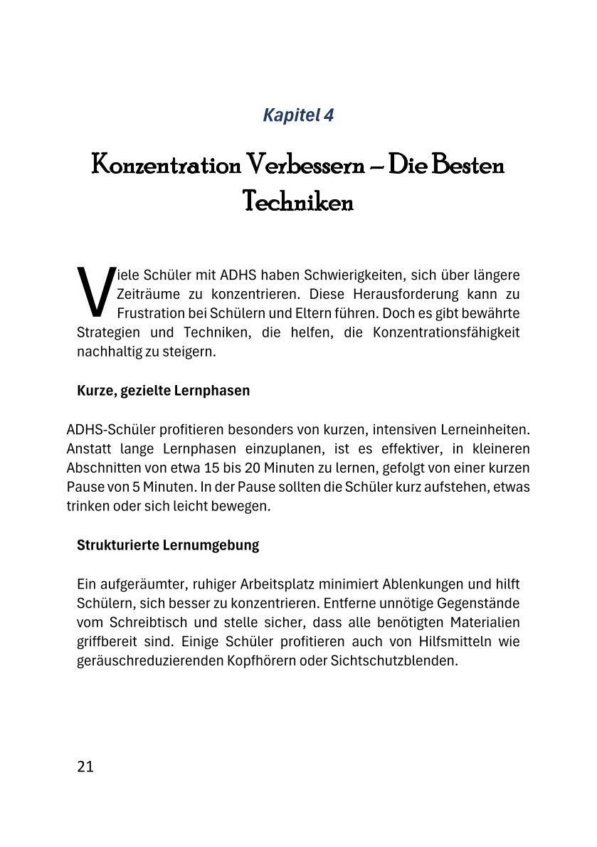 Buchinnenseite mit Techniken zur Verbesserung der Konzentration bei Kindern mit ADHS