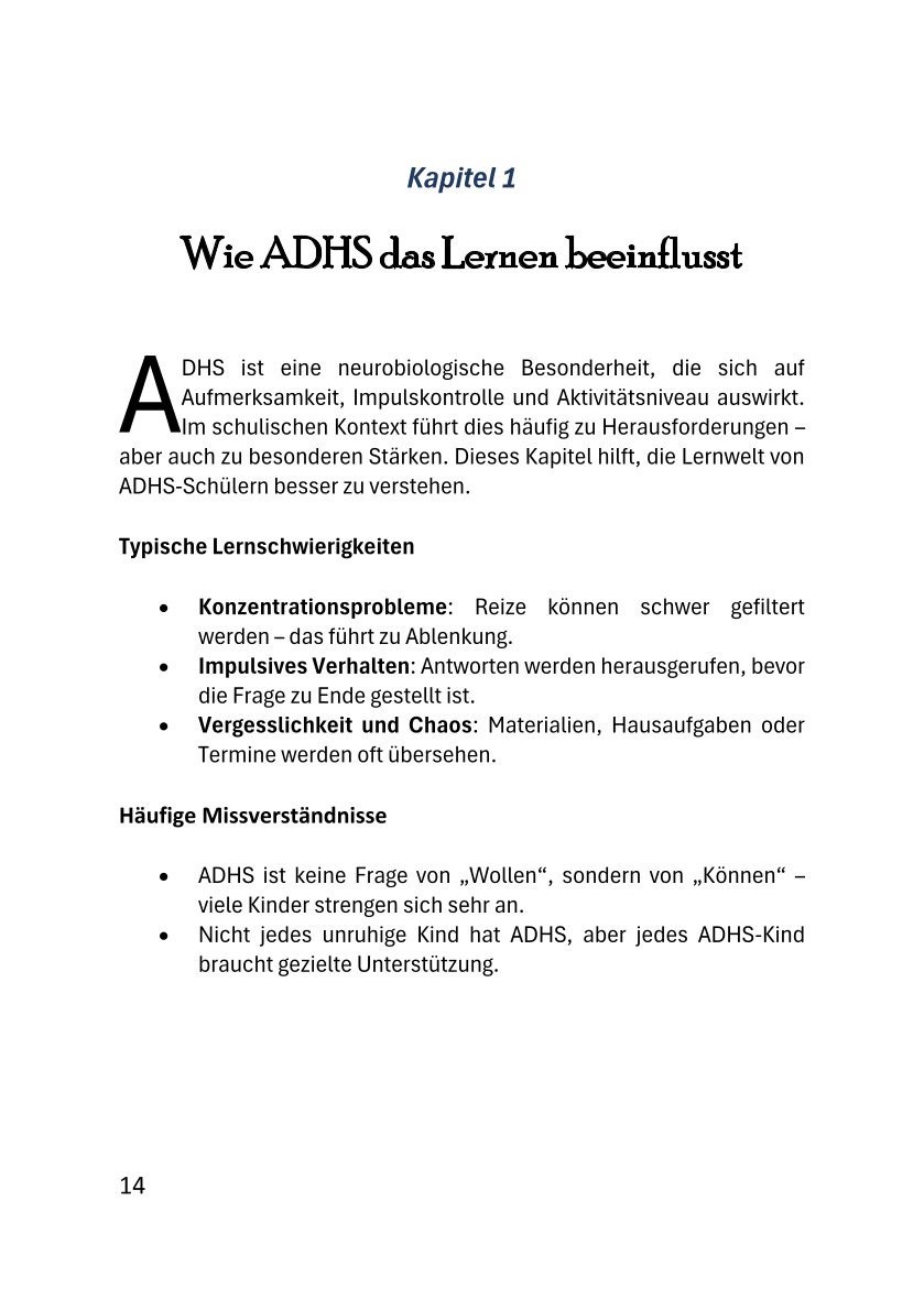 Buchinnenseite zum Kapitel Wie ADHS das Lernen beeinflusst mit typischen Lernschwierigkeiten und Missverständnissen
