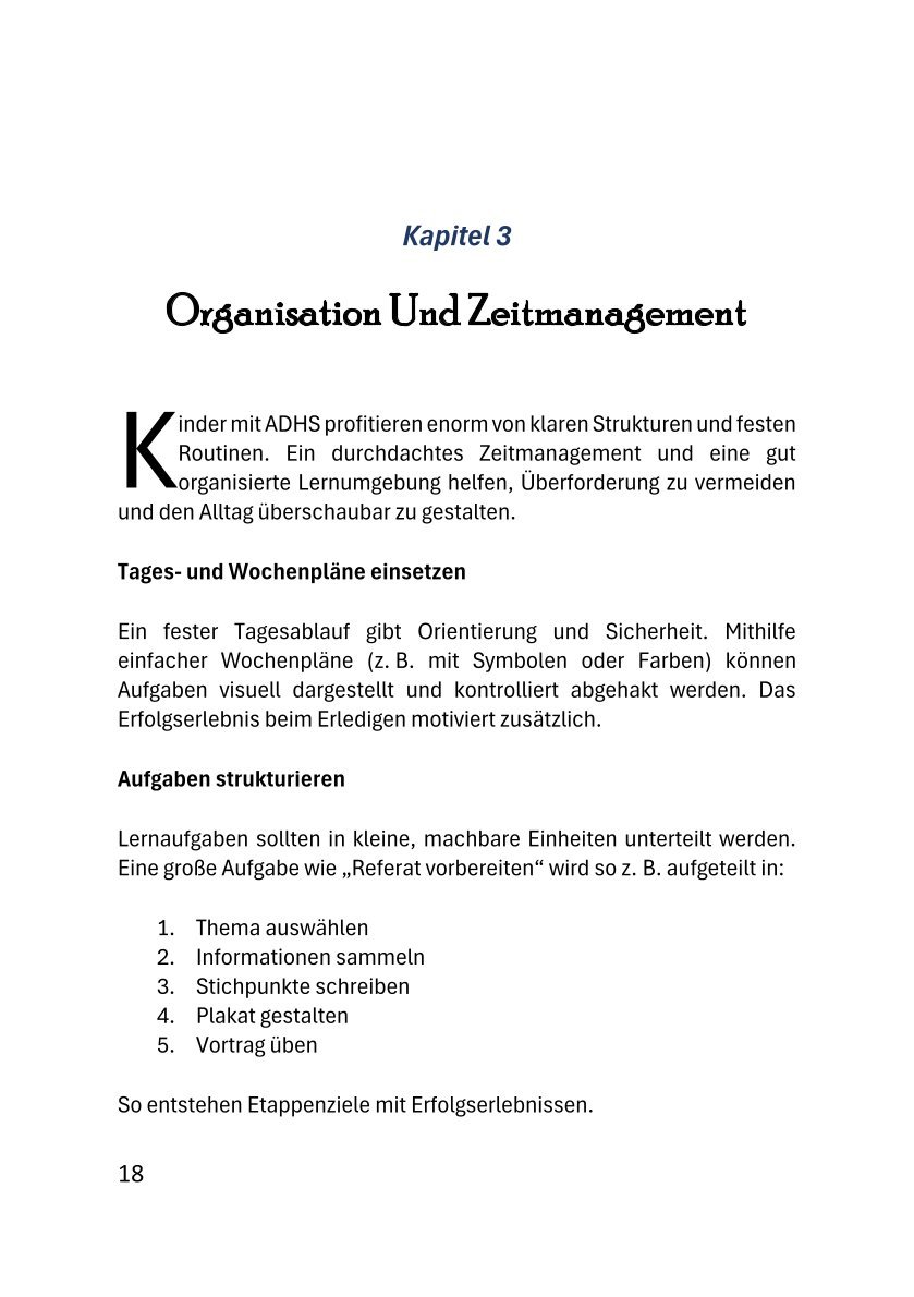 Buchinnenseite zum Kapitel Organisation und Zeitmanagement bei ADHS mit Tagesplänen und Aufgabenstruktur