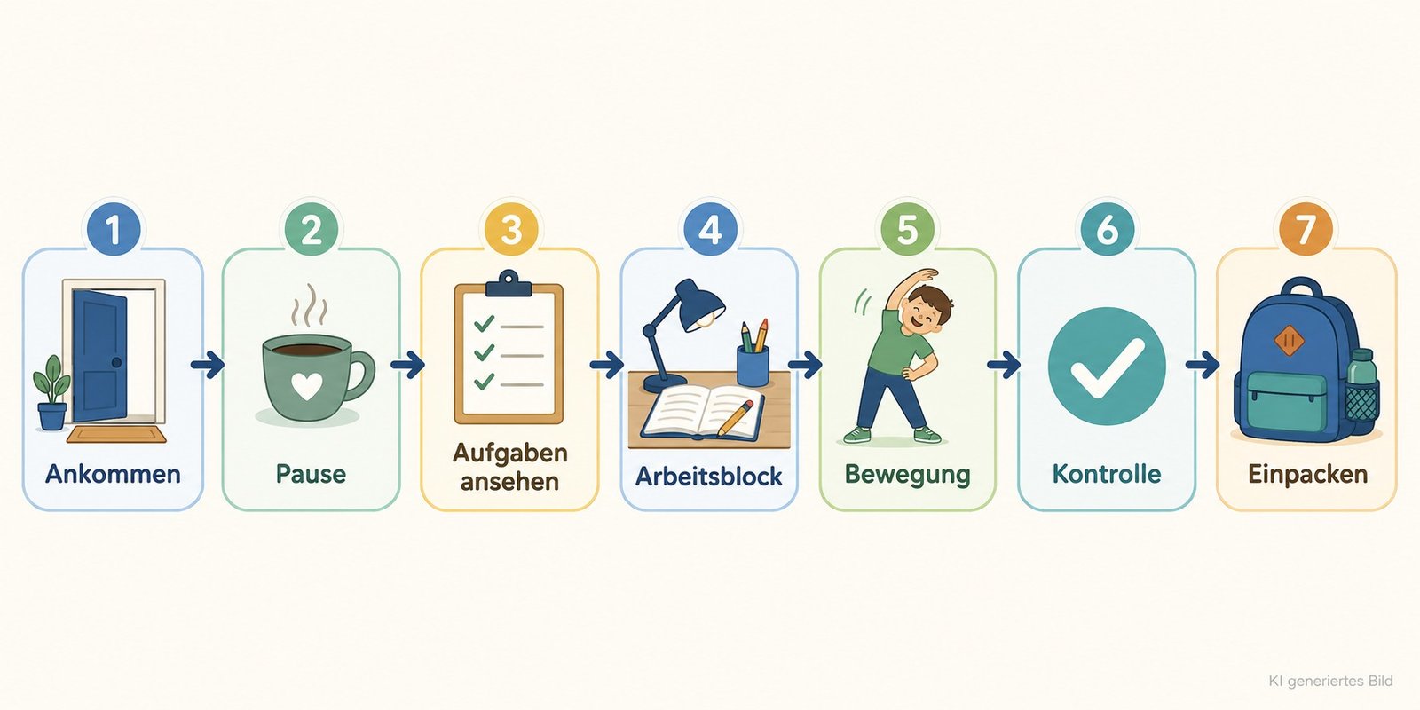 Grafische Checkliste: Ankommen, Pause, Aufgaben ansehen, Arbeitsblock, Bewegung, Kontrolle, Einpacken