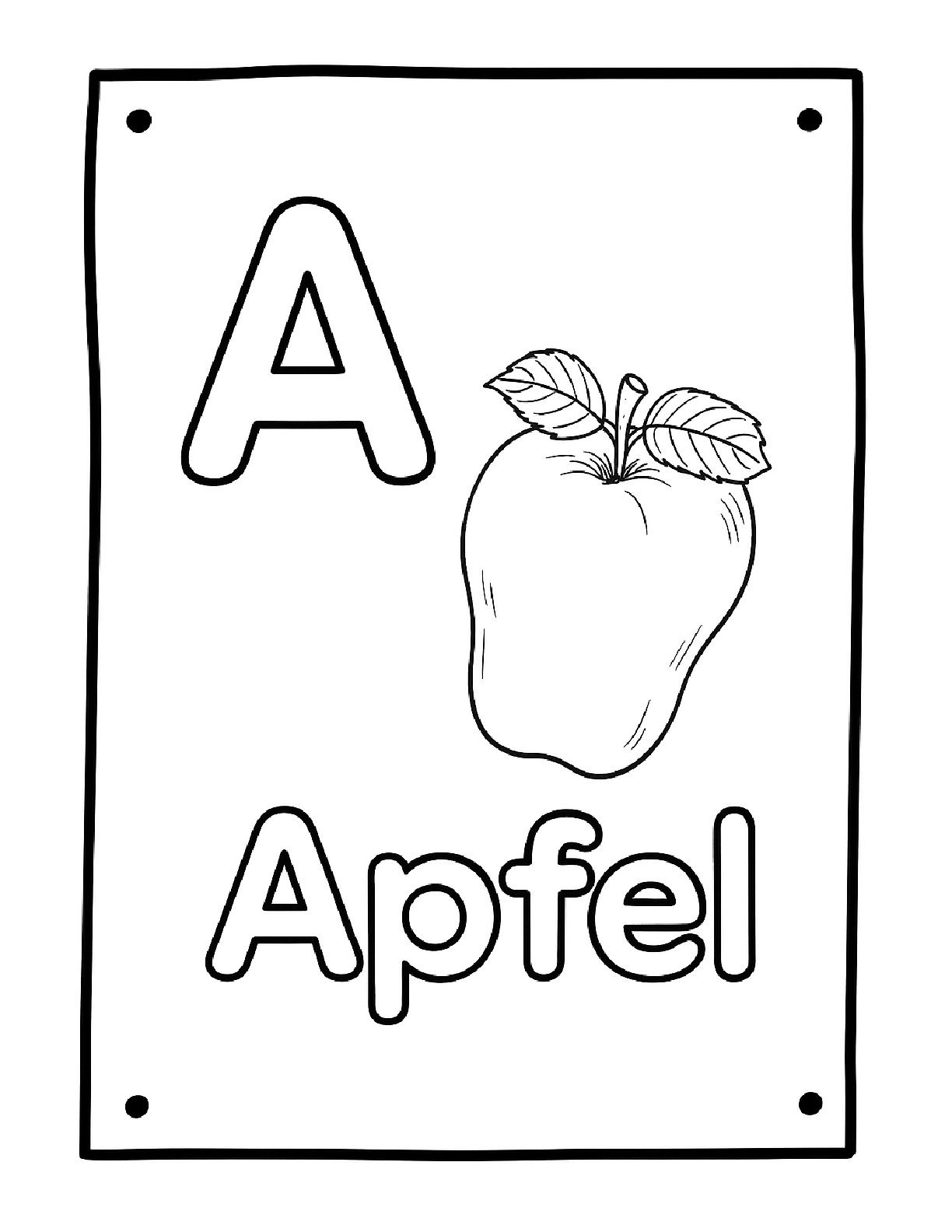 Schwarz-weißes Lern- und Ausmalbild mit dem Buchstaben A, einem Apfel und dem Wort Apfel
