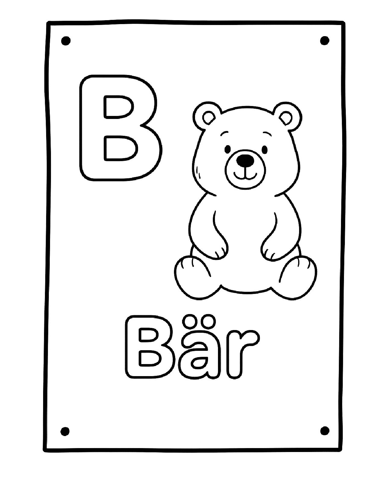 Schwarz-weißes Lern- und Ausmalbild mit dem Buchstaben B, einem Bären und dem Wort Bär