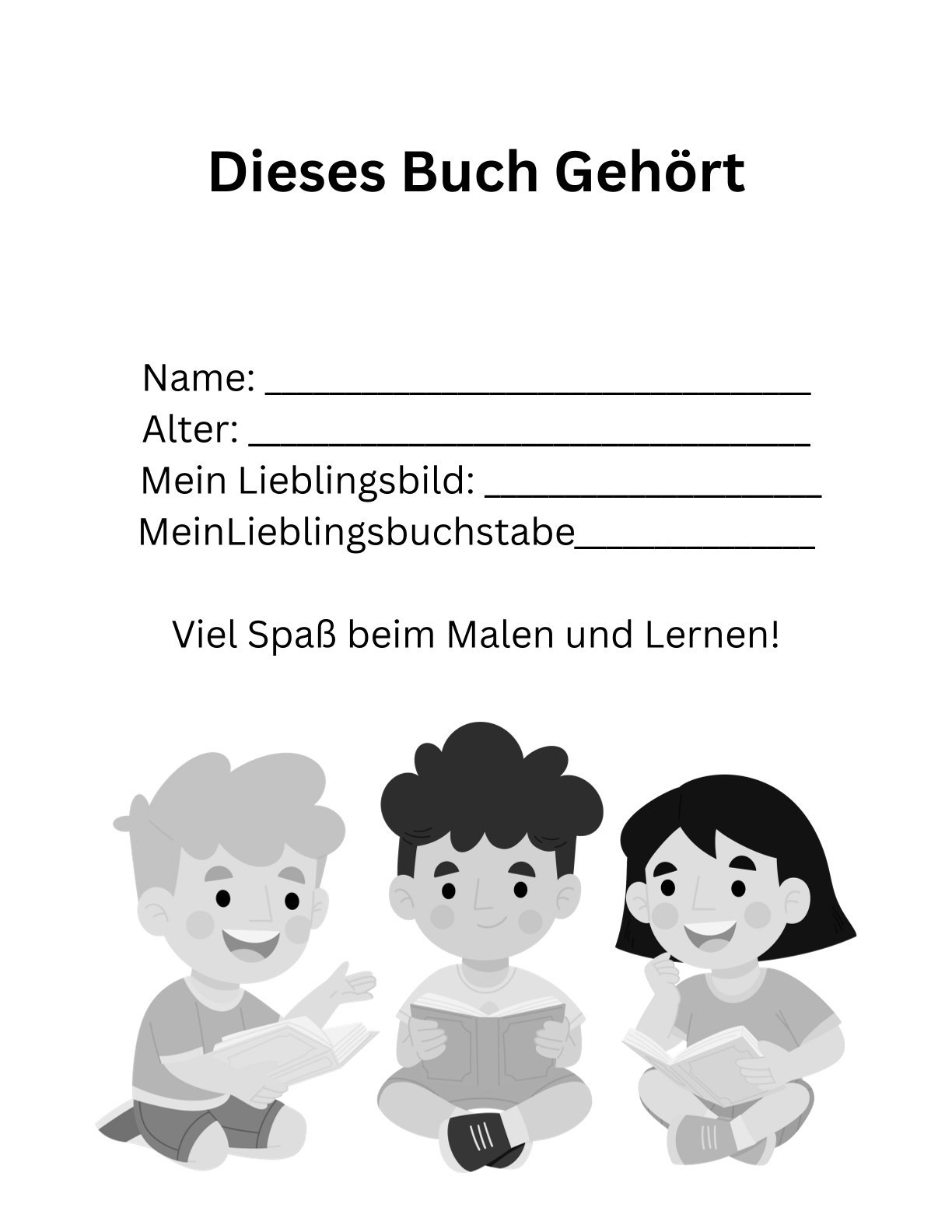 Personalisierungsseite des Mal- und Lernbuchs mit Feldern für Name, Alter, Lieblingsbild und Lieblingsbuchstabe