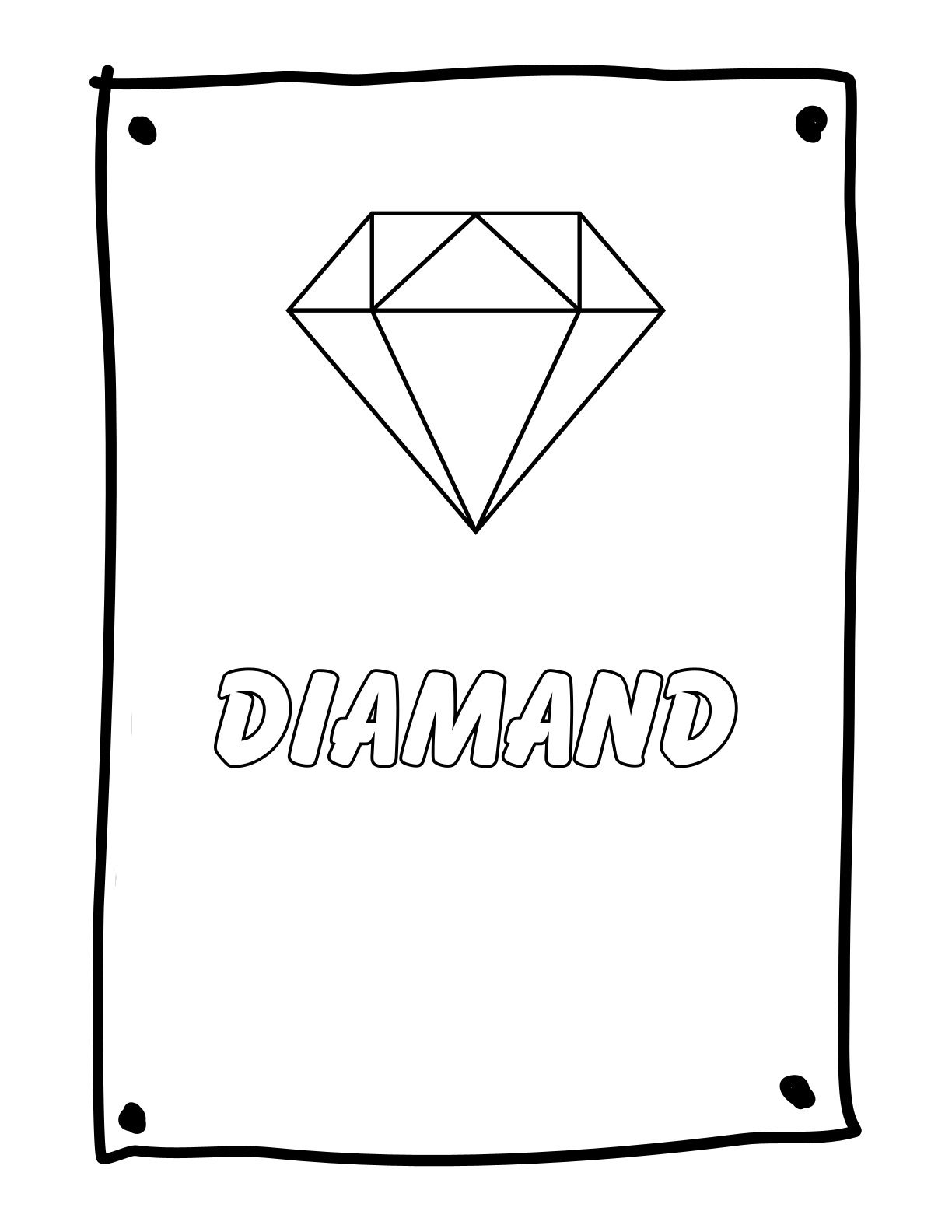 Schwarz-weißes Lern- und Ausmalbild mit einem Diamanten und dem Wort Diamant