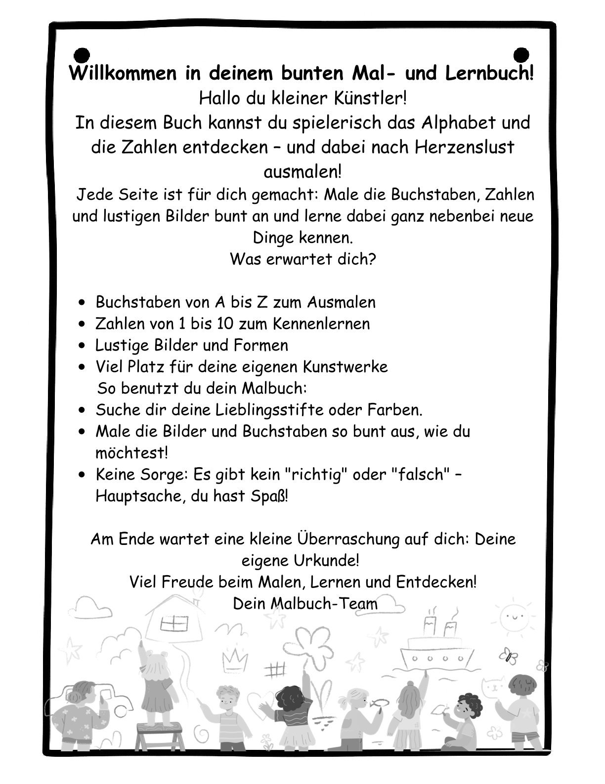 Einführungsseite des Mal- und Lernbuchs mit Informationen zu Buchstaben, Zahlen, Bildern und Formen
