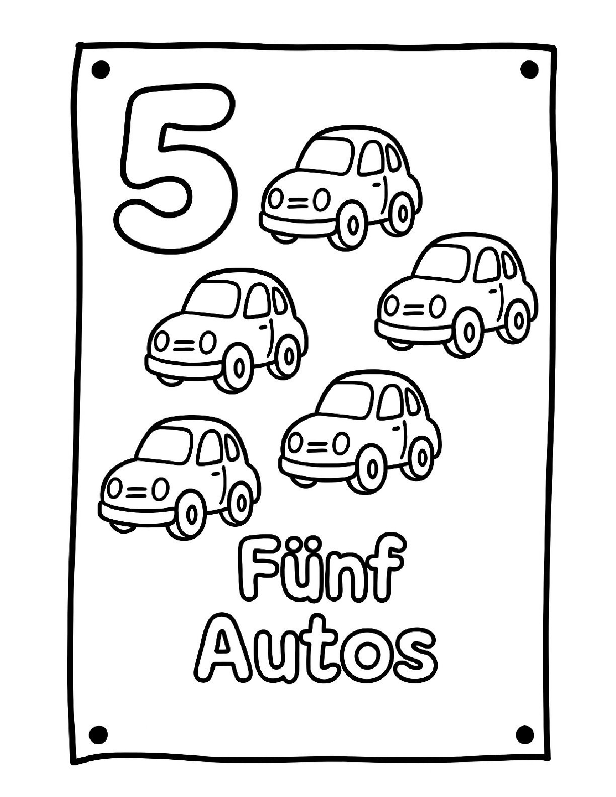 Schwarz-weißes Lern- und Ausmalbild mit der Zahl 5, fünf Autos und dem Wort Fünf