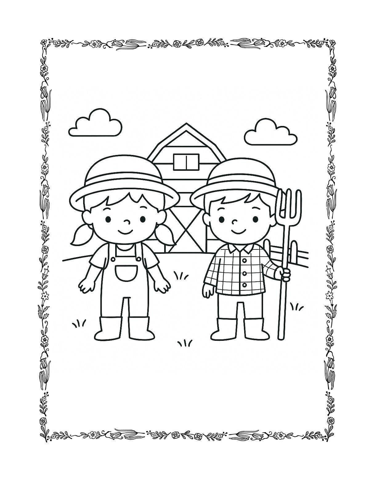 Schwarz-weißes Ausmalbild mit zwei Kindern vor einer Scheune auf dem Bauernhof