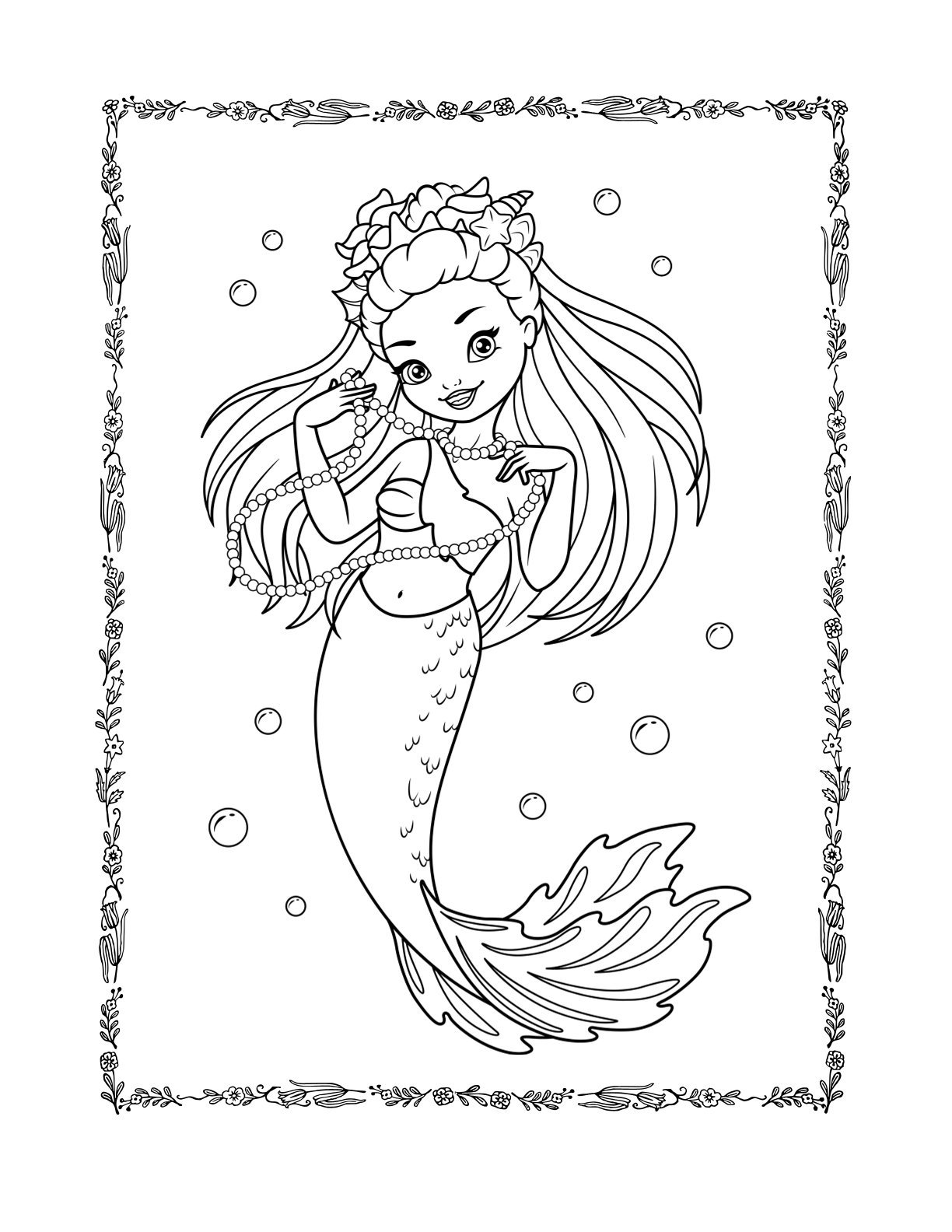 Schwarz-weißes Ausmalbild mit einer Meerjungfrau, Muschelschmuck und Luftblasen