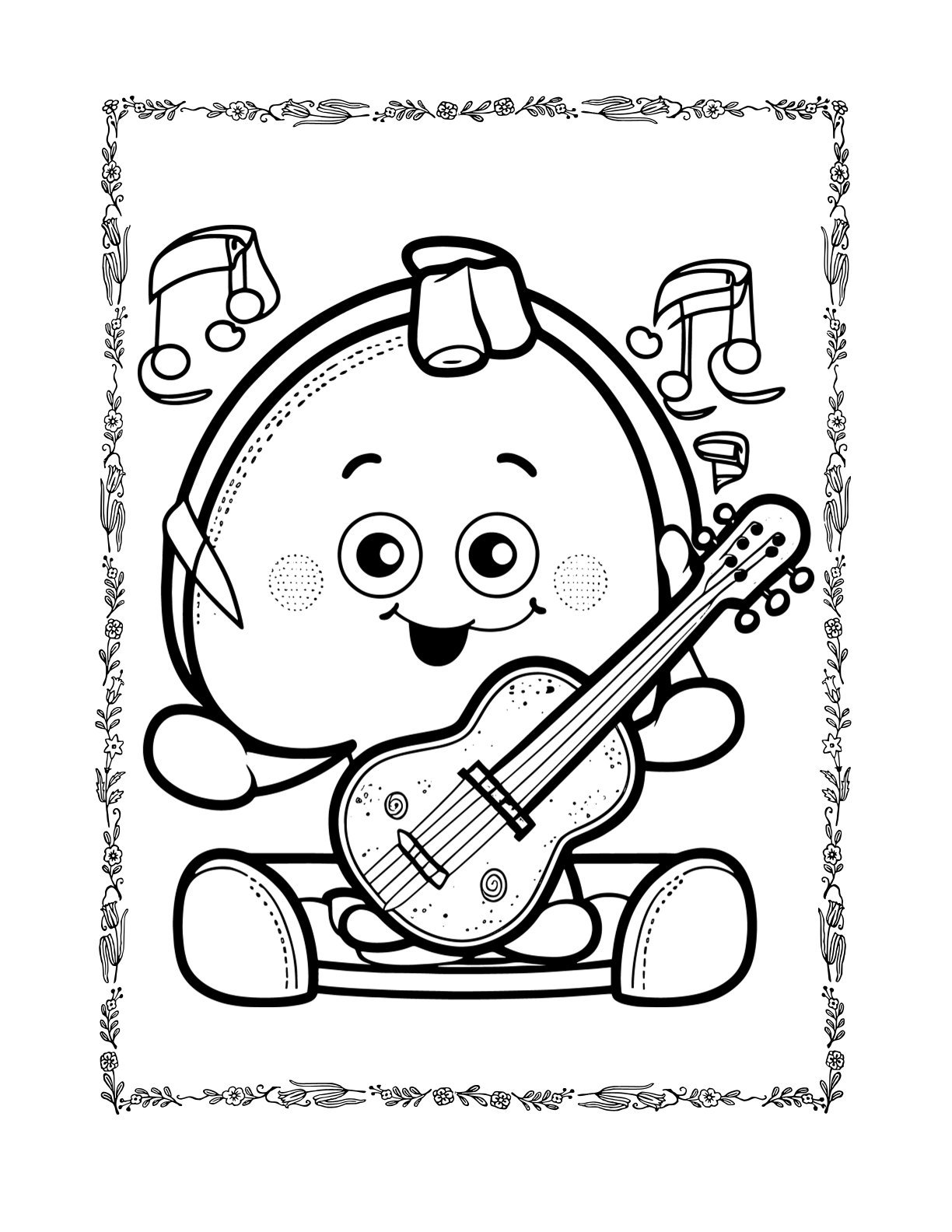 Schwarz-weißes Ausmalbild mit einer fröhlichen Musikfigur, Gitarre und Noten