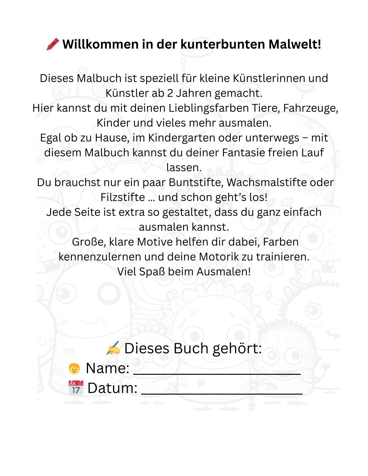 Innenseite aus Mein erstes Malbuch mit Einführung für Kinder ab 2 Jahren und Feldern für Name und Datum