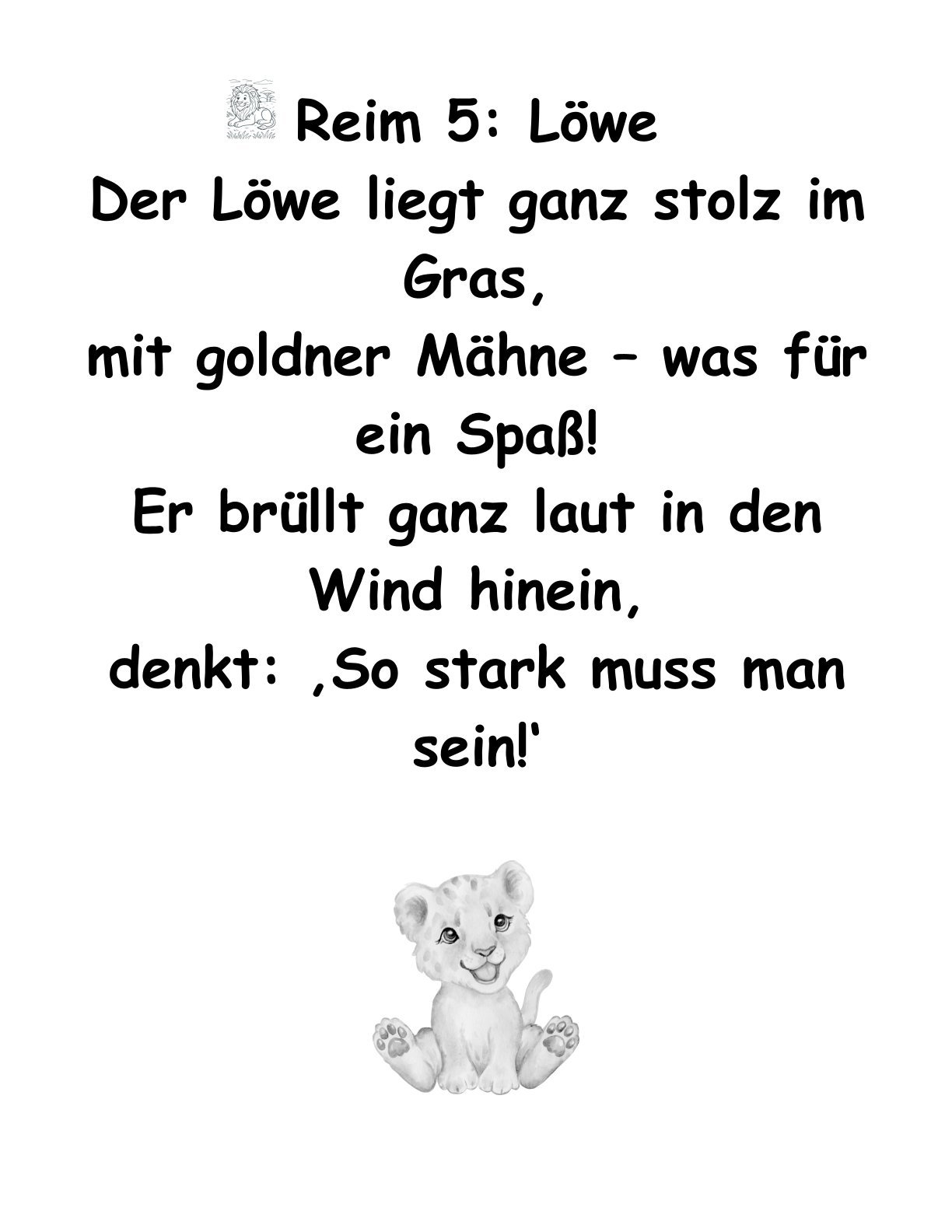 Buchinnenseite mit einem kurzen Kinderreim über einen stolzen Löwen
