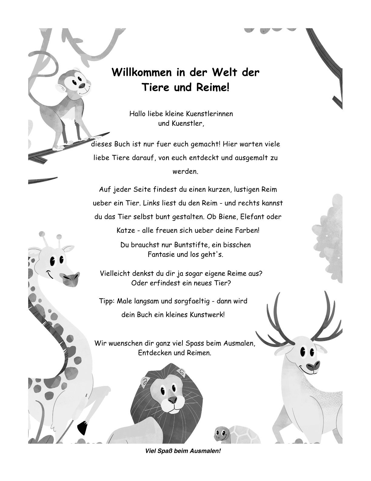 Einführungsseite des Reim-Malbuchs mit Erklärung zum Ausmalen, Entdecken und Reimen