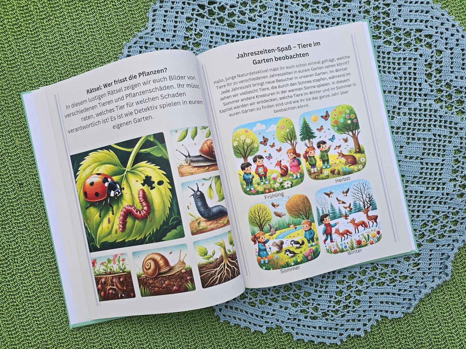 Aufgeschlagene Buchseiten über Gartentiere im Frühling, Sommer, Herbst und Winter