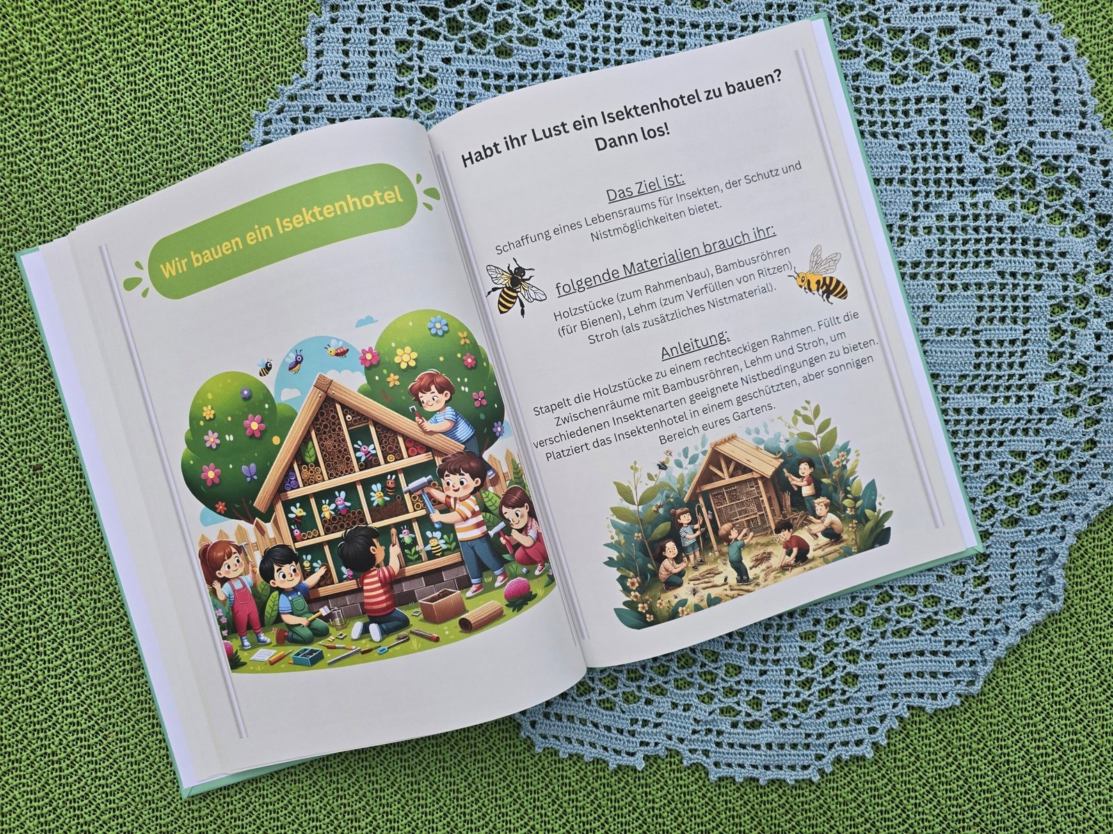 Aufgeschlagene Buchseiten mit Bildern und Anleitung zum Bau eines Insektenhotels