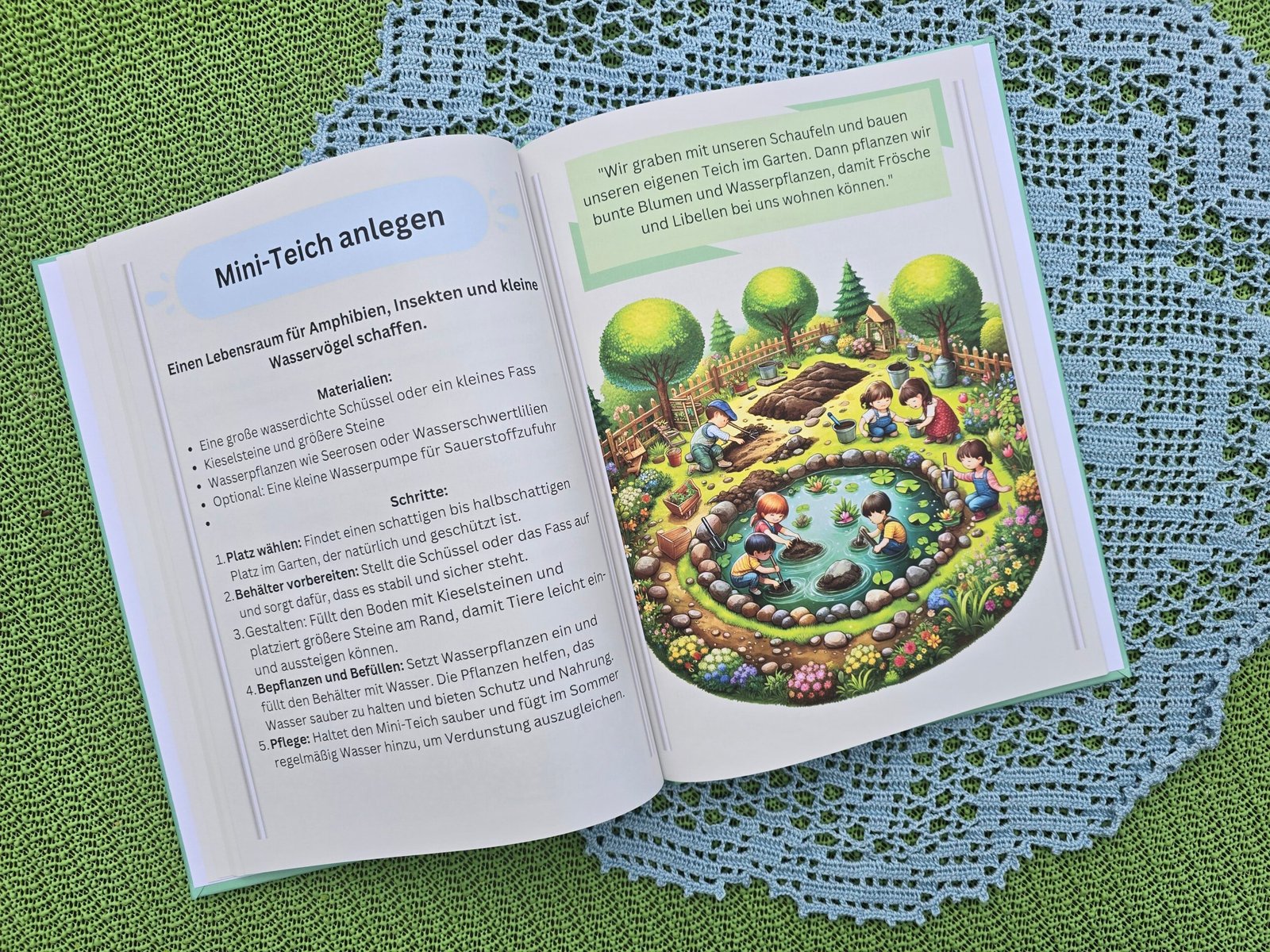 Aufgeschlagenes Buch mit Anleitung zum Anlegen eines kleinen Teichs als Lebensraum für Gartentiere
