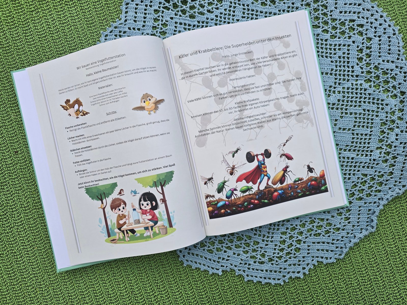 Aufgeschlagenes Naturbuch mit Anleitung für eine Vogelfutterstation und Informationen über Käfer