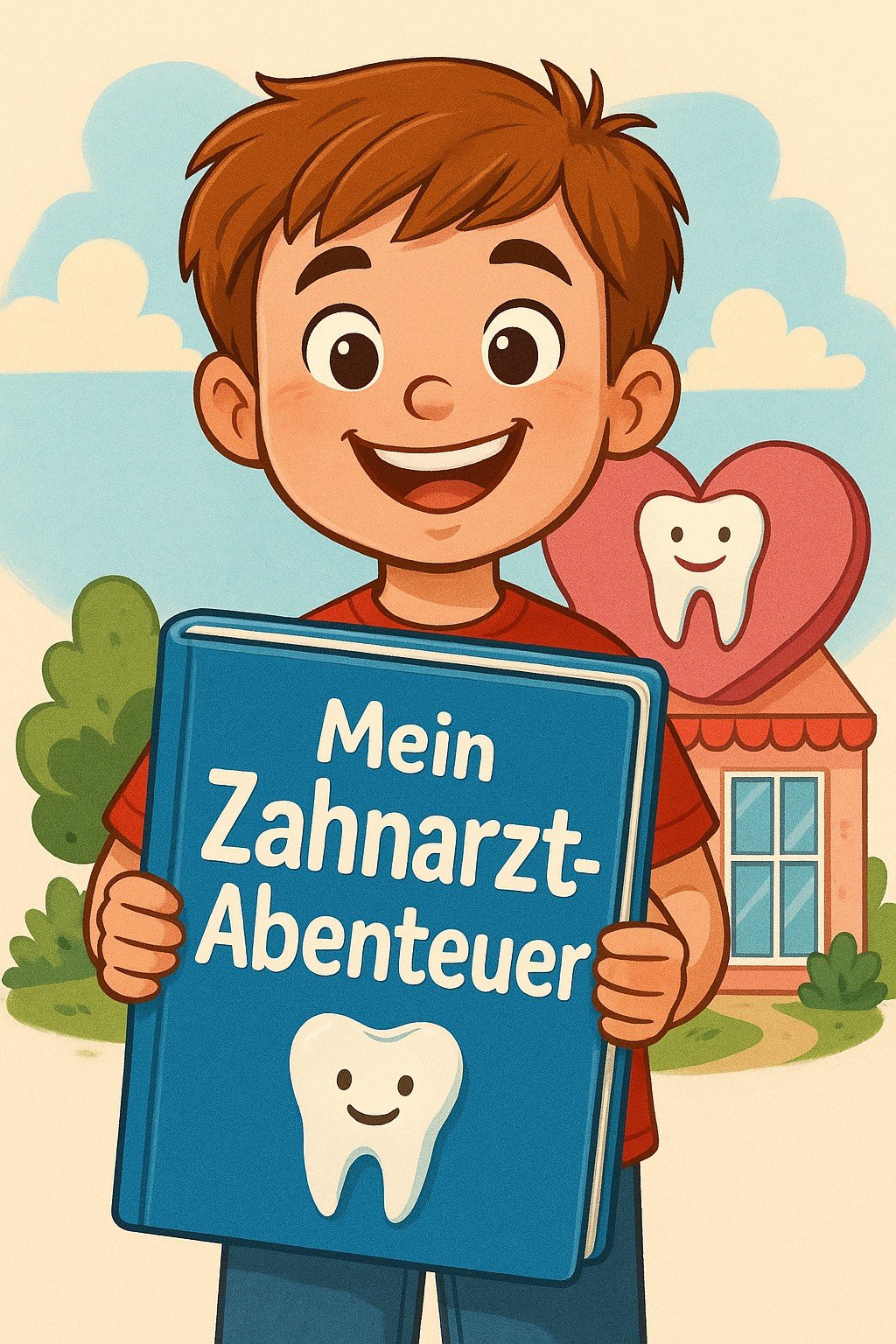 Junge mit Buch Mein Zahnarzt-Abenteuer vor einer Zahnarztpraxis