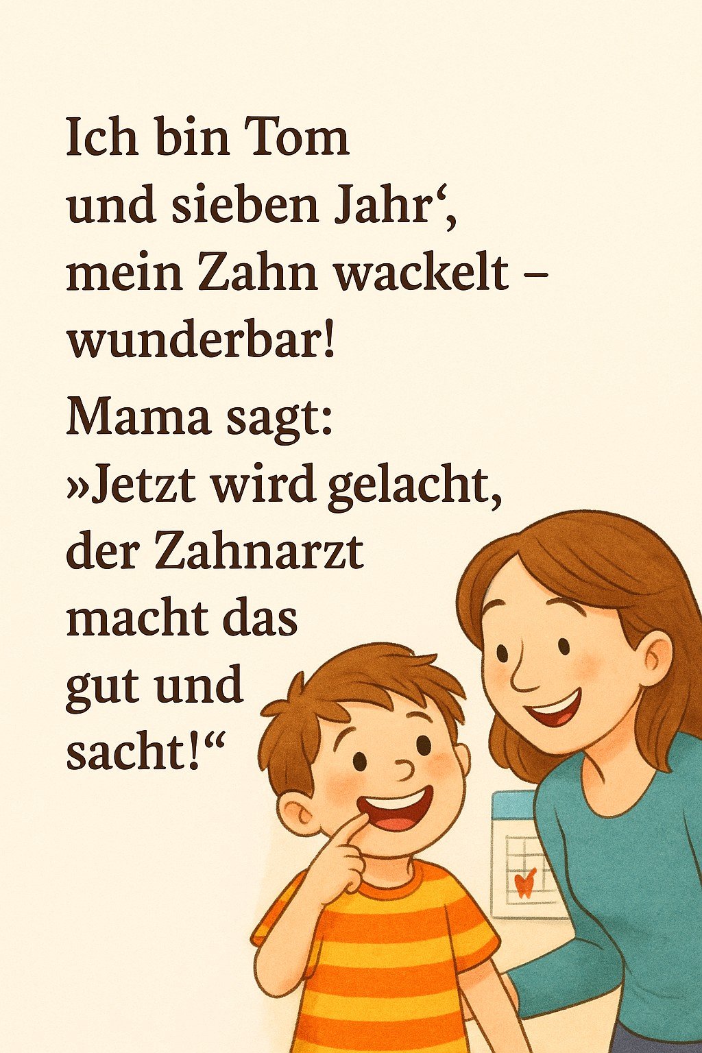 Buchinnenseite mit Tom und seiner Mutter über einen wackelnden Zahn und den Zahnarztbesuch