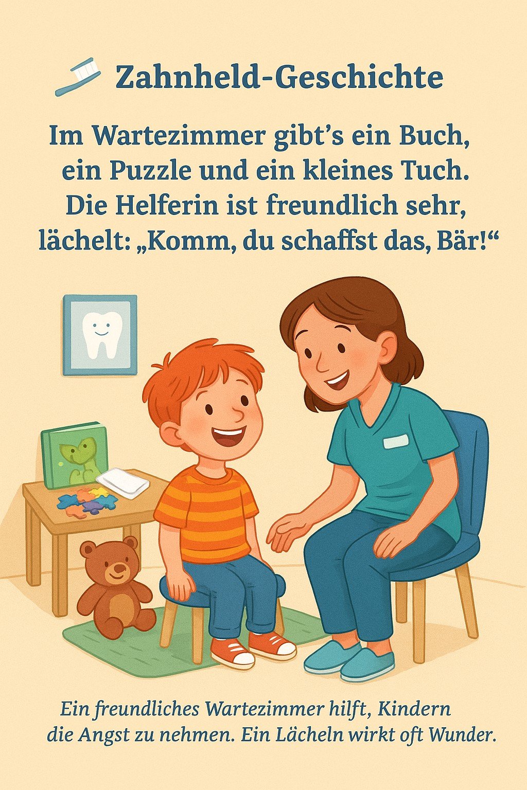 Buchinnenseite mit Kind und Zahnarzthelferin im freundlichen Wartezimmer