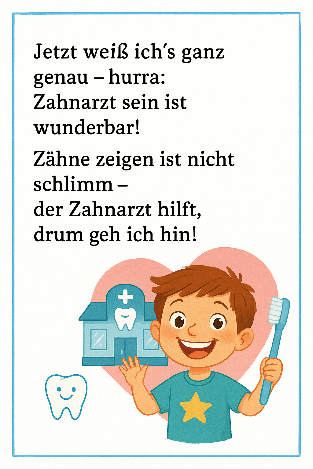 Buchinnenseite mit einem lächelnden Jungen, Zahnbürste und Zahnarztpraxis