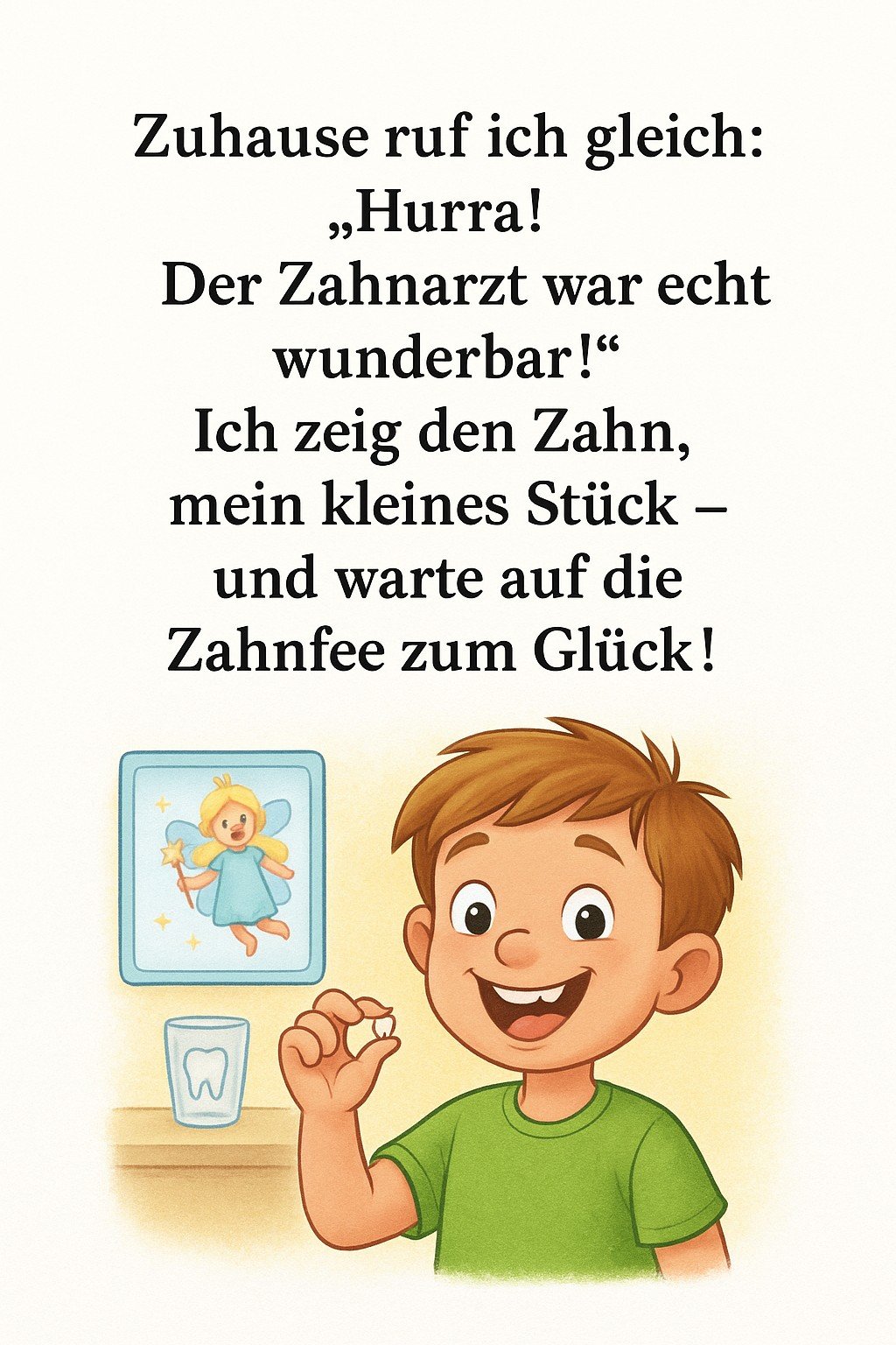 Buchinnenseite mit einem Jungen, der seinen ausgefallenen Zahn zeigt und auf die Zahnfee wartet