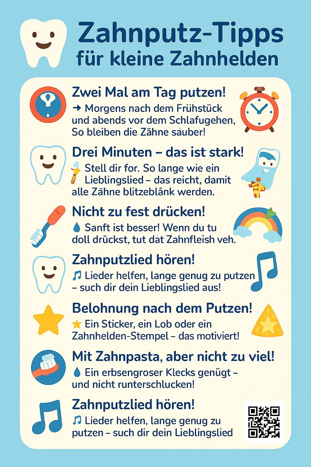 Übersicht mit kindgerechten Zahnputz-Tipps für kleine Zahnhelden